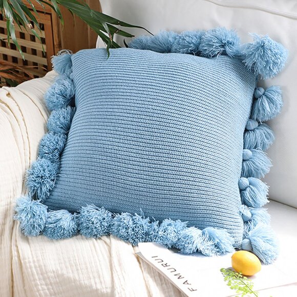 SOGA 2X 45cm Textured Pillowcase with Pom-Pom Trim (Sky Blue) - Picture 1 of 7